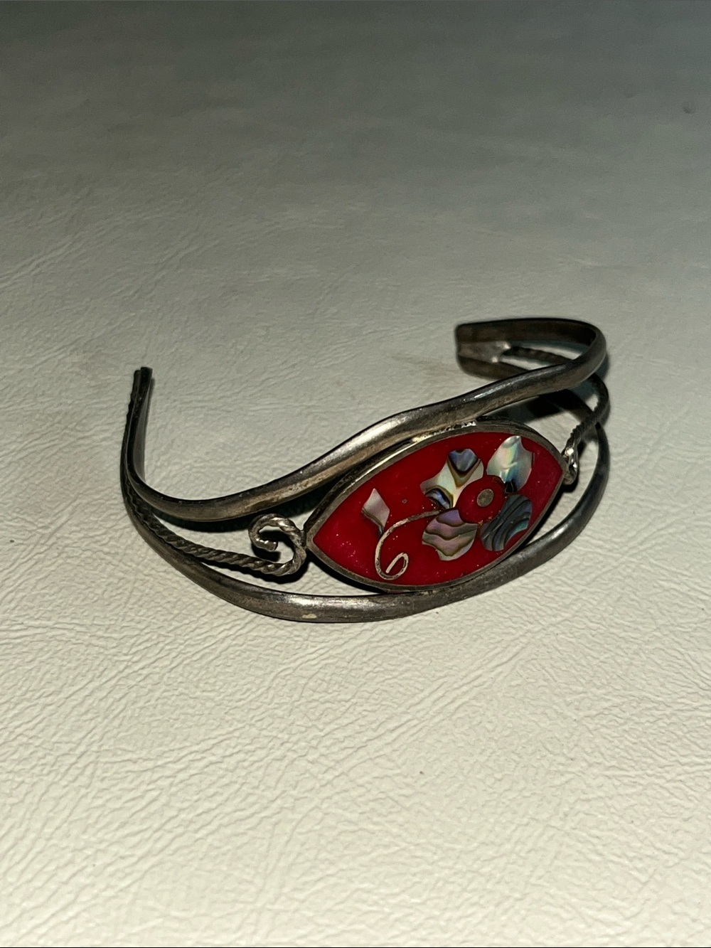 Alpaca Mexico Red Floral Inlay Cuff Bracelet